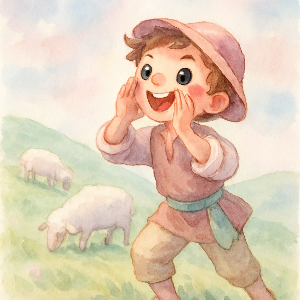 심심한 소년이 장난스러운 표정으로 늑대가 나타났다고 거짓말하며 소리치는 장면